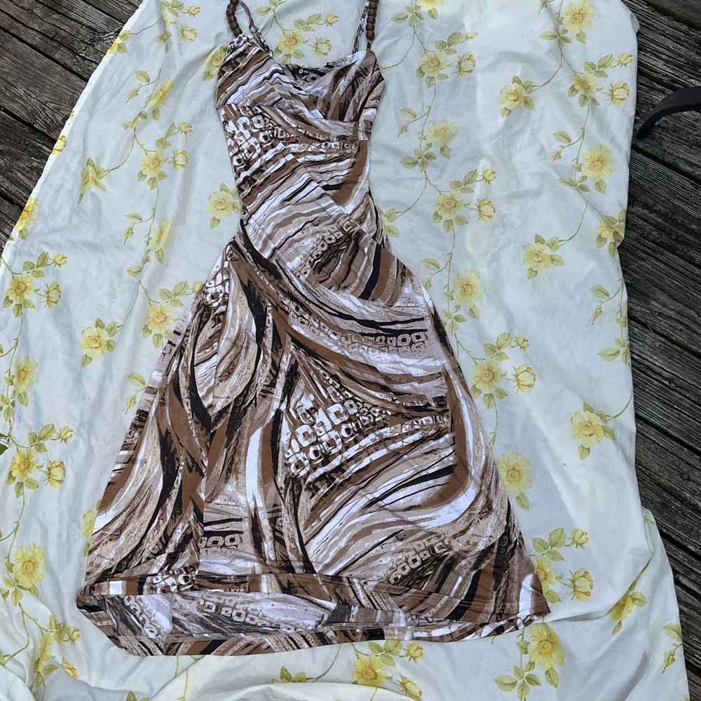 Beautiful y2k brown and black patterned maxi dress with beaded straps and padded